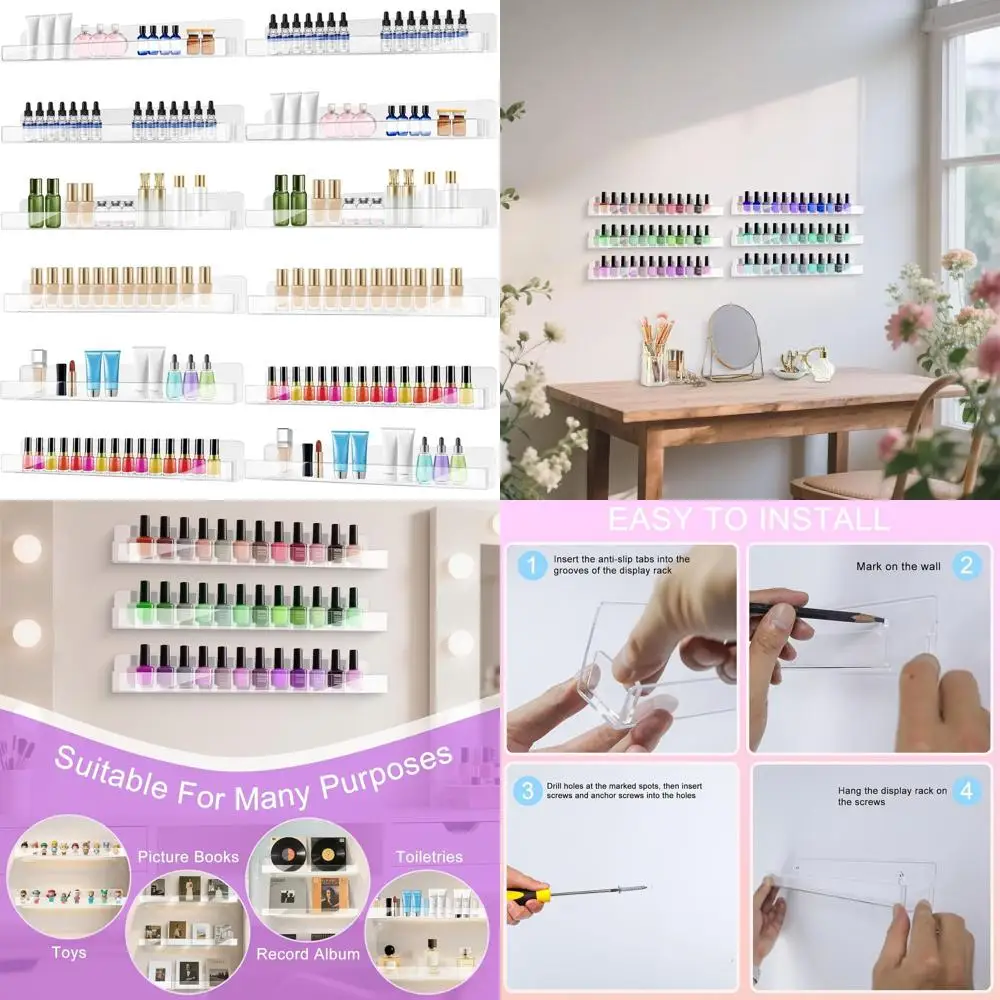

15-Inch Clear Acrylic Wall-Mounted Nail Polish Organizer Rack with Removable Ends for Multi-Purpose Storage