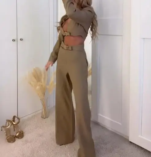 Tweedelige set damesoutfit 2025, lente herfst nieuwe effen kleur V-hals crop top met lange mouwen en hoge taille broek met rechte pijpen