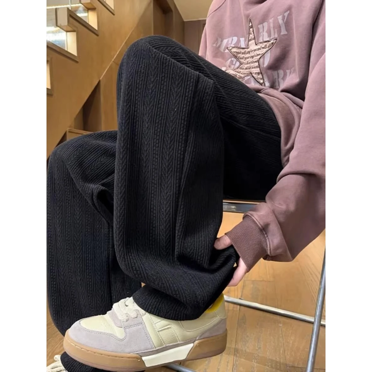 

Men's Casual Pants Wheat Ear Pattern Fce Lined Straight Leg Loose Fit Teenagers Autumn Winter Polyester Fiber