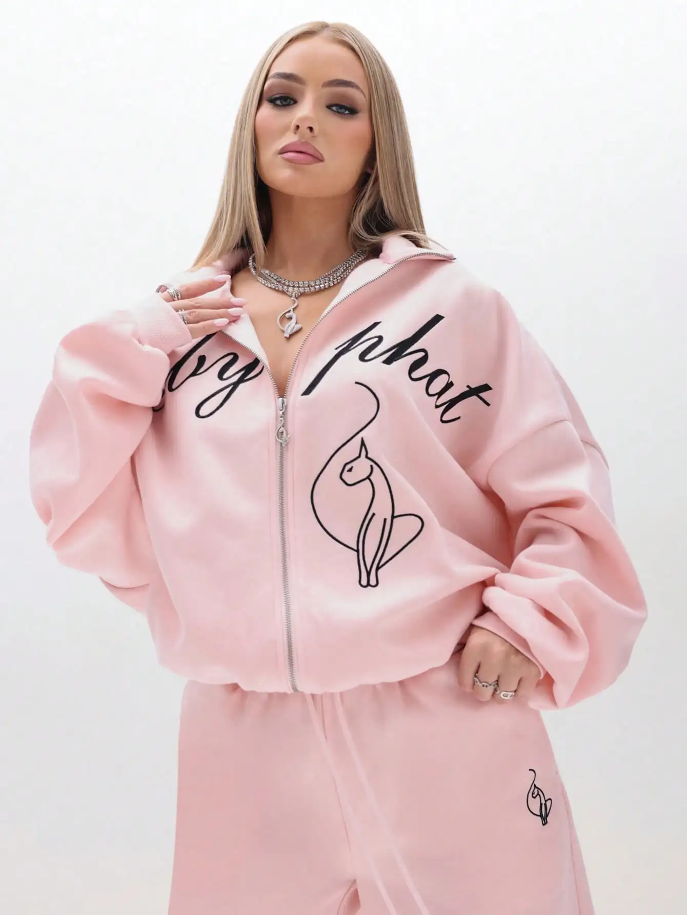Sudadera con Capucha Extra Grande Rosa BABYPHAT con Estampado de Letras y Silueta de Gato, Ropa de Calle Informal de Invierno