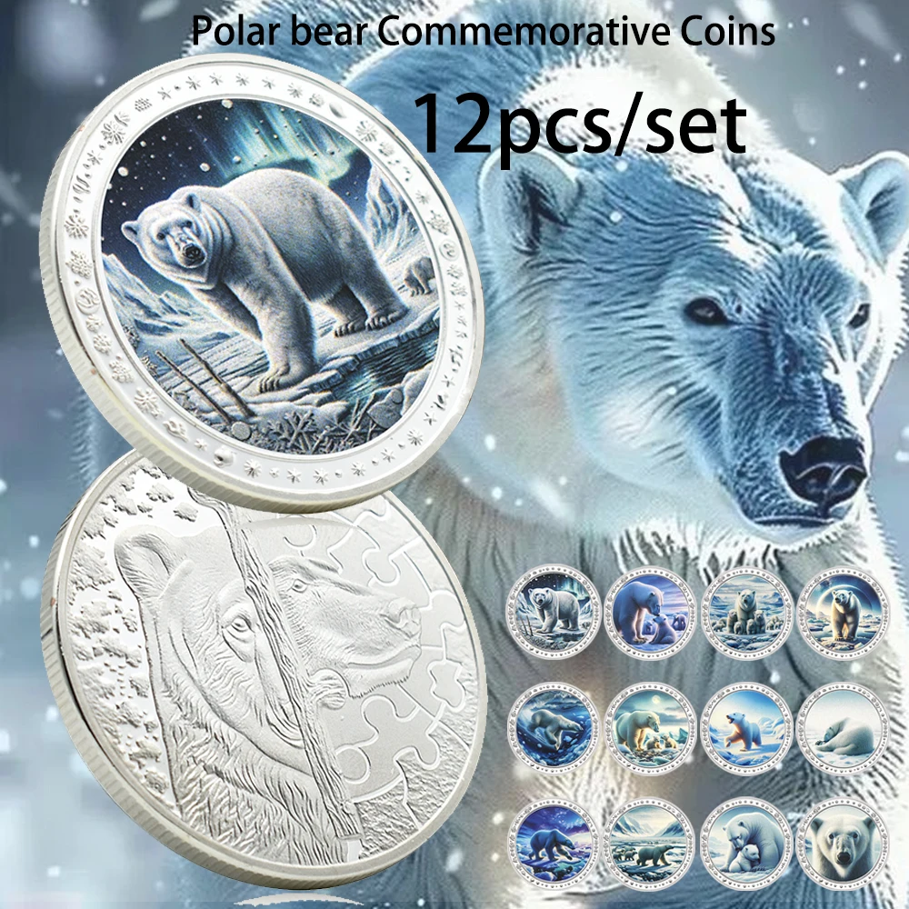 

12pcs Polar Bear Silver Coin Arctic Rare Animal Commemortive Silver Plated Medal Collectibles Crafts in Plastic Shell