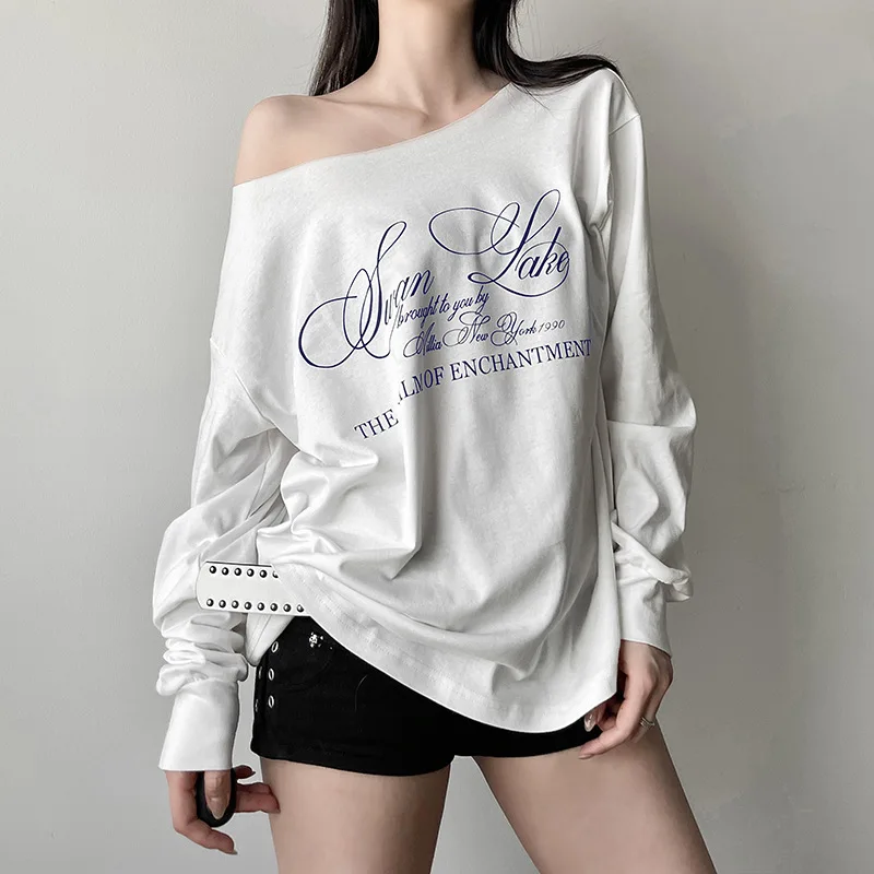 Oversized T-shirt Women Coquette Tshirt Summer Short Sleeve Letter Print Sexy White Off Shoulder Tees Tops 2024 Korean Style
