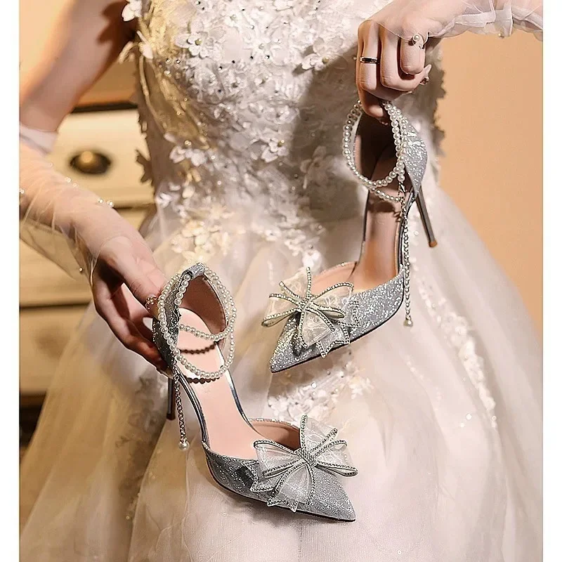 Summer new British style wedding shoes bridal shoes wedding shoes bow hollow pointed high-heeled sandals women shoes