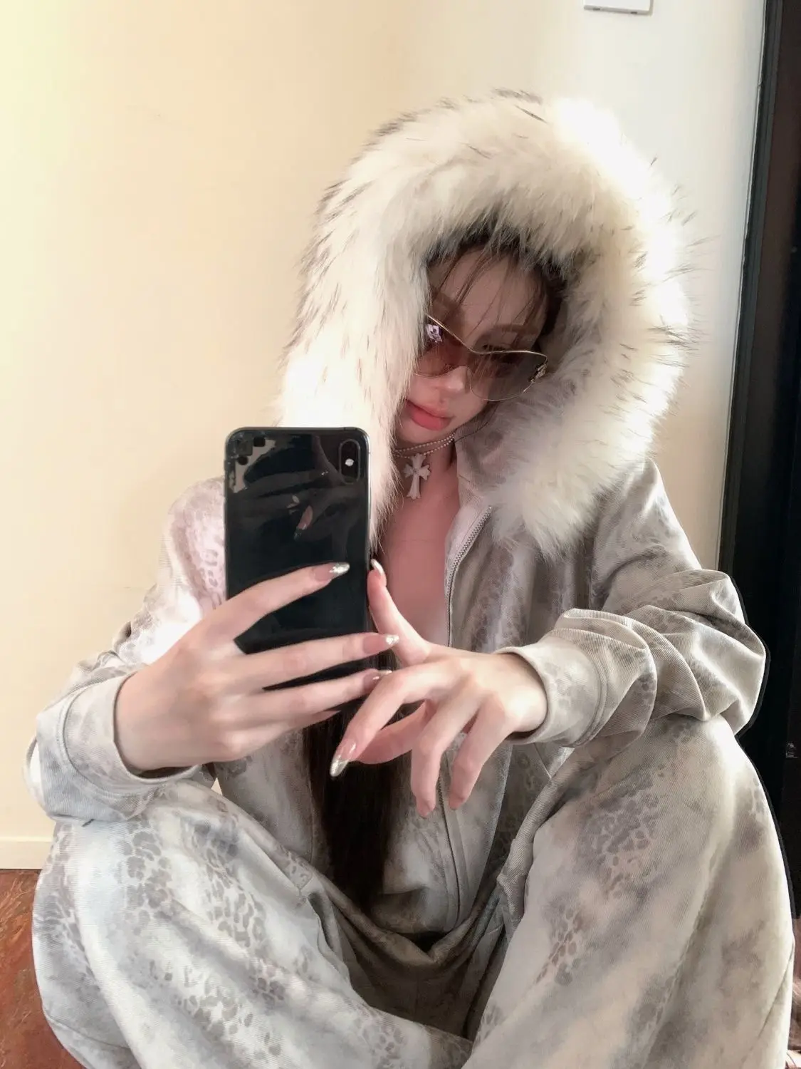 الرجعية ليوبارد طباعة الفراء طوق زمم هوديي دعوى النساء 2025 خريف جديد موضة فضفاض عادية بنطال ذو قصة أرجل واسعة قطعتين مجموعة #4