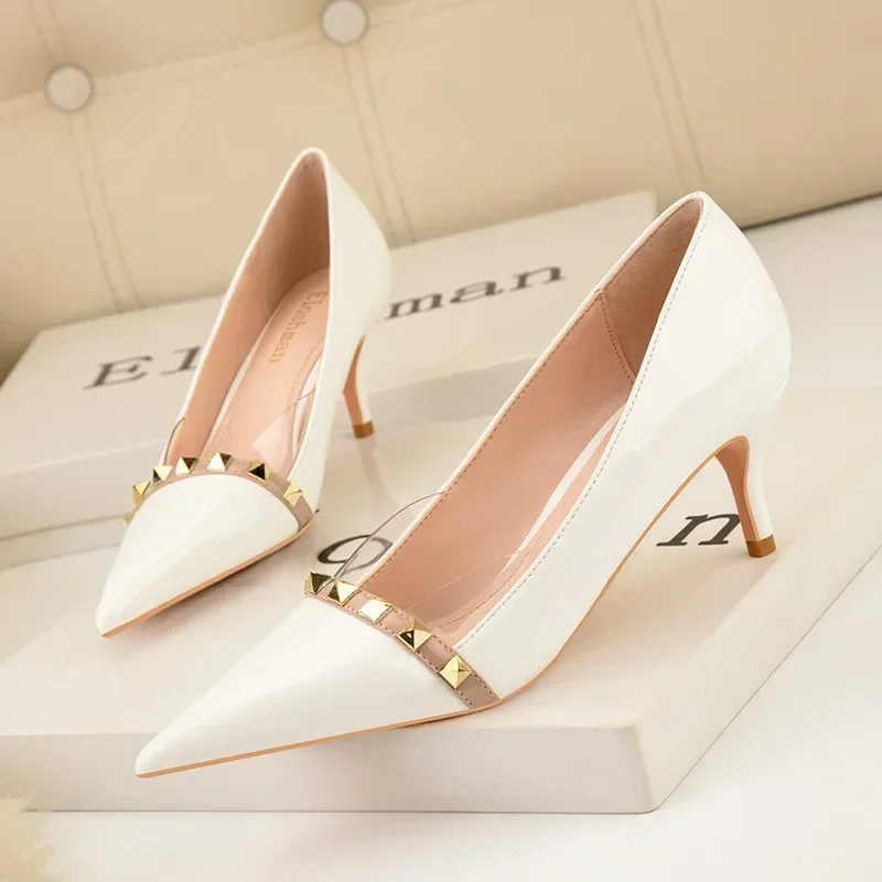 

6.5cm New Fashion Pointed Toe Leather Pumps High Heels with Rivet Elegant for Women Shoes 39 40 41