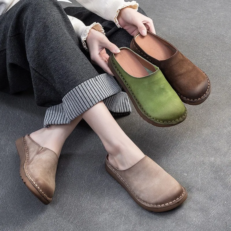 

Birkuir Retro Closed Toe Slippers For Women Flats Heel Summer Slides Genuine Leather Slip On Big Head Outdoor Lazy Slippers