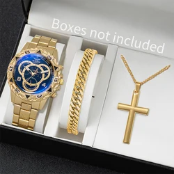 3pcs/set Fashion Men's Business Steel Band Analog Quartz Watch with Jewelry Set（Box Not Included ）