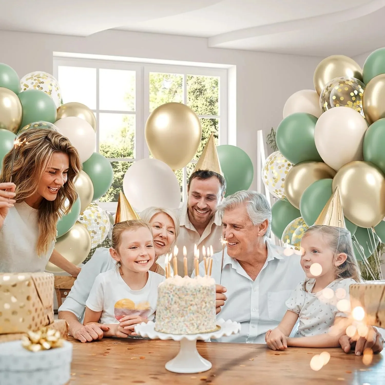60Pcs Sage green Sand White Metallic Gold Confetti Balloons for Boho Birthday Wedding Bridal Baby Shower Engagement Party Decor view 3