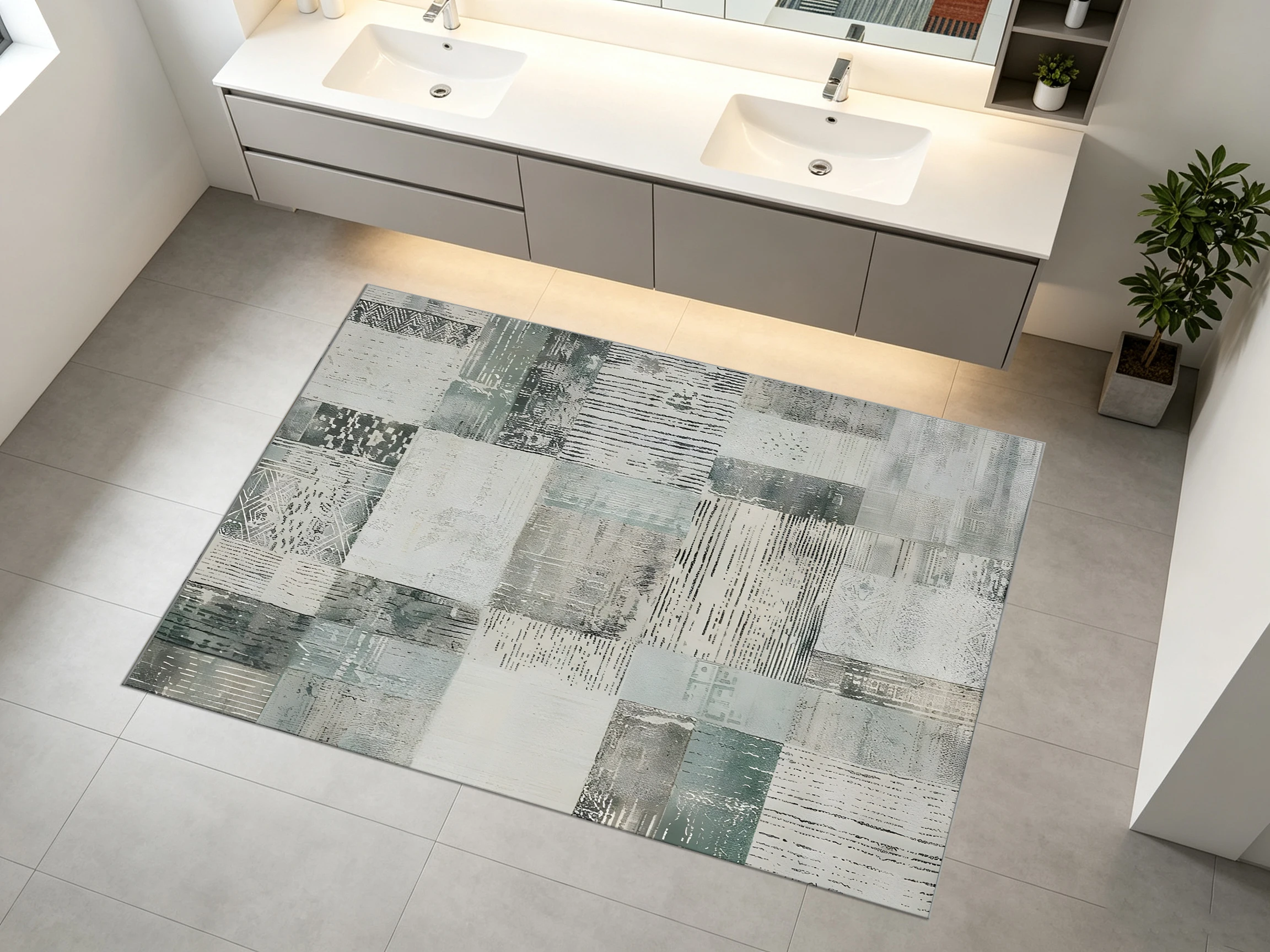 2D Large Rug with Gray Geometric Patchwork, Wabi-Sabi Style, Soft & Comfortable, for Living Room & Bedroom, Enhances the Space &