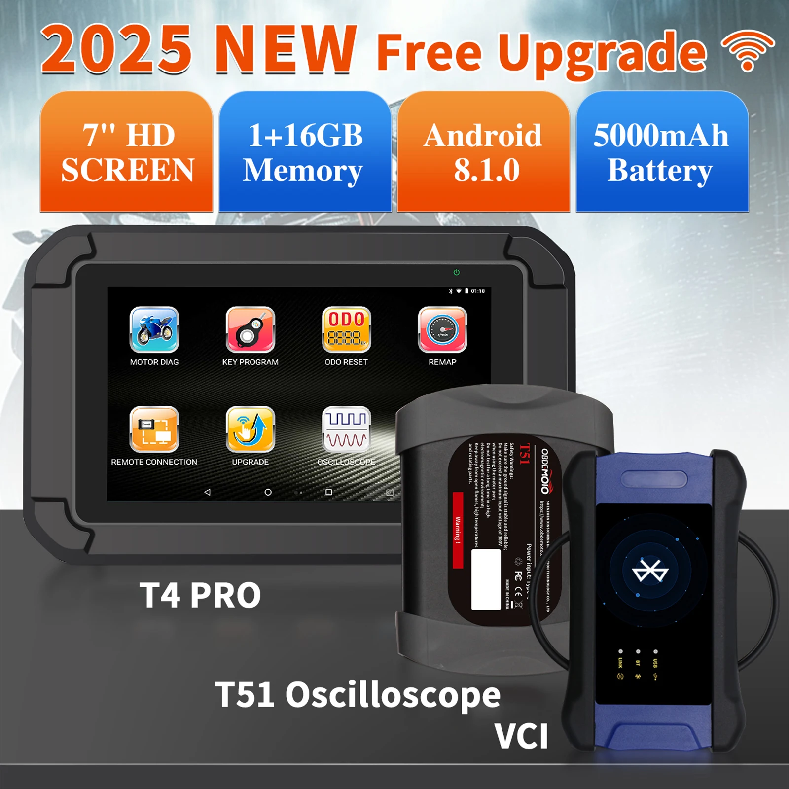 

Motorcycle Scanner T4Pro with 7inch Big Screen Android 8.1 System Motorcycle Diagnostic Scanner Tool