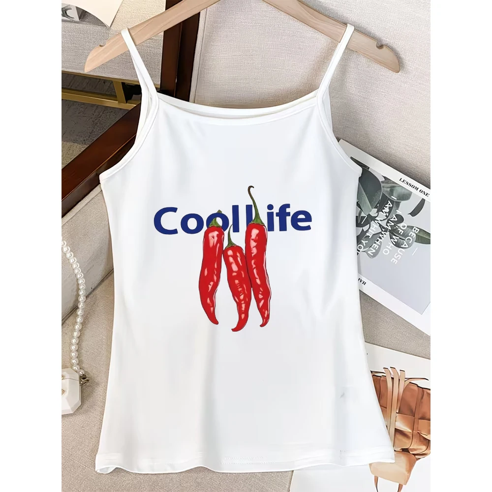Y2K Chili Pepper Graphic Camisole Women Cool Life Letter Print Tank Top Vintage Retro Red Hot Pepper Slim Fit Black White Cami