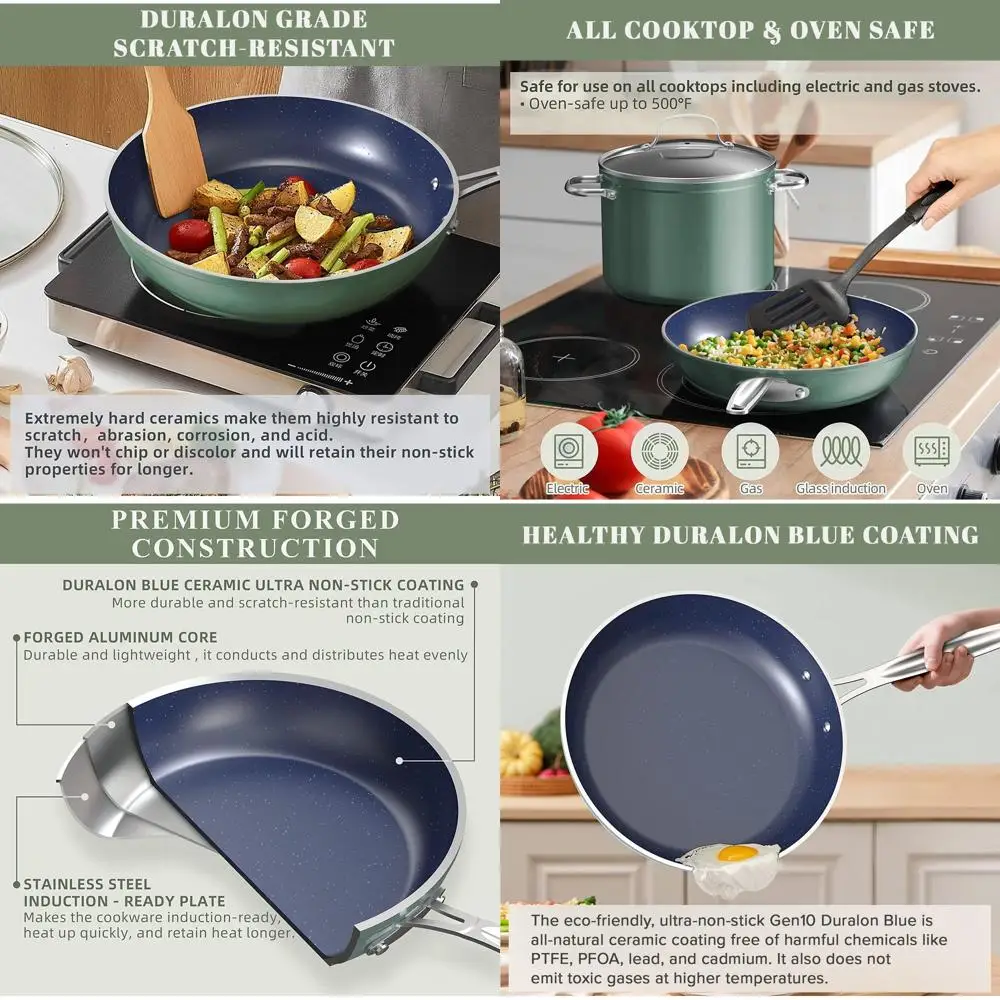 

Набор посуды из 7 предметов с синим керамическим антипригарным покрытием: усиленный бриллиантами, устойчивый к царапинам, без PFAS, безопасный для духовки и индукционный, с темпером