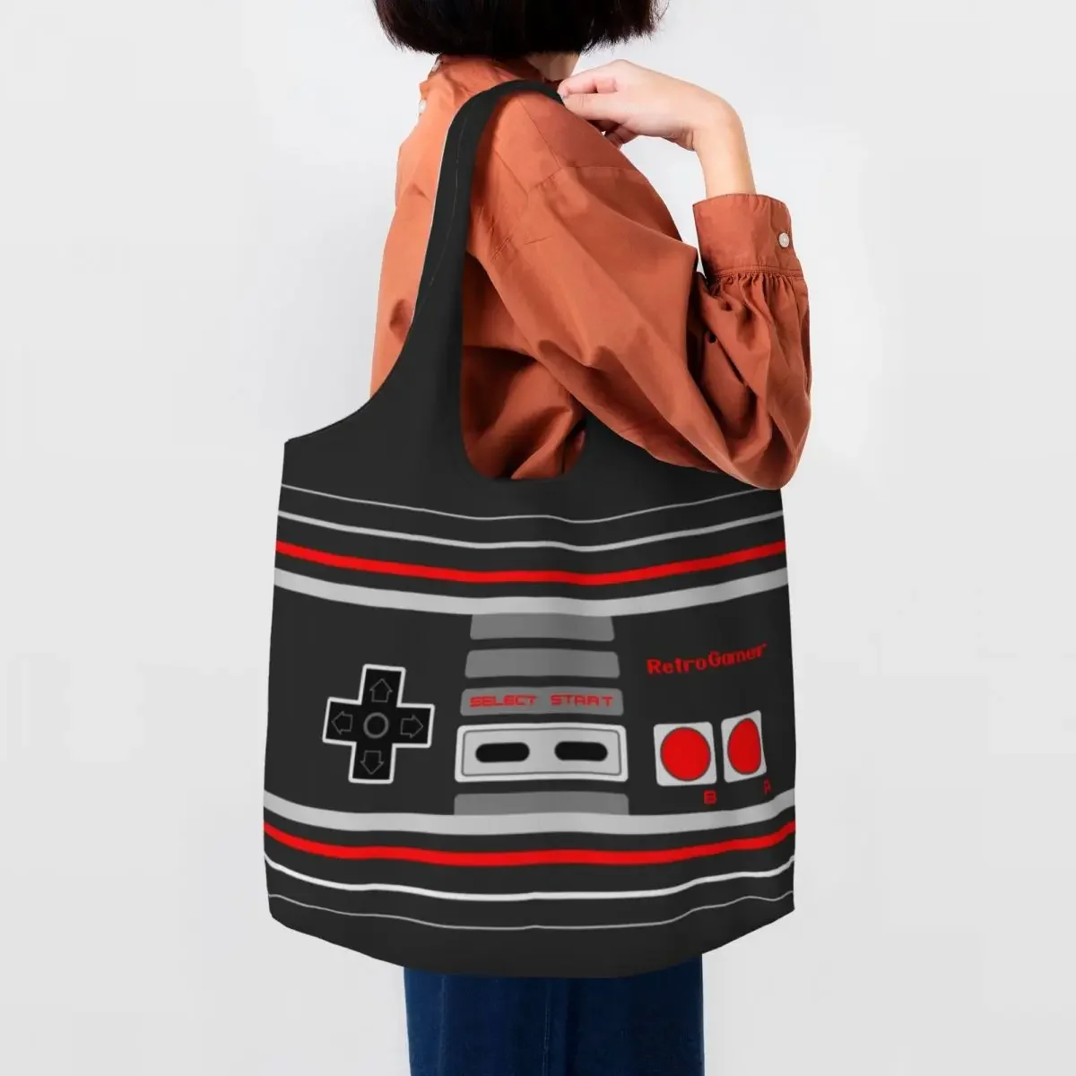 

Custom Kawaii Retro Gamer Controller Shopping Tote Bag Recycling Video Game Gaming Gamepad Groceries Canvas Shoulder Shopper Bag