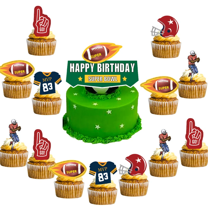 Rugby Cake Topper Happy Birthday T-shirt Hat Cupcake Toppers Decoration Baby Shower Kids Party DIY Baking Supplies