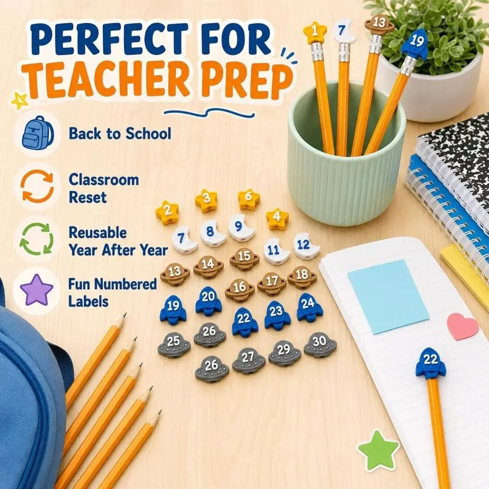 6/30PCS 1-30 Numbered Numbered Pencil Toppers Space-Themed Color Coded Classroom Pencil Labels Sturdy Non-Slip