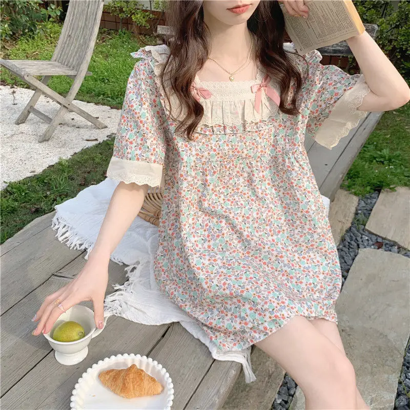 

Пижамные комплекты женские милые с цветочным принтом повседневные ретро кружевные шикарные мешковатые Ulzzang женские повседневные мягкие элегантные летние пижамы с квадратным воротником