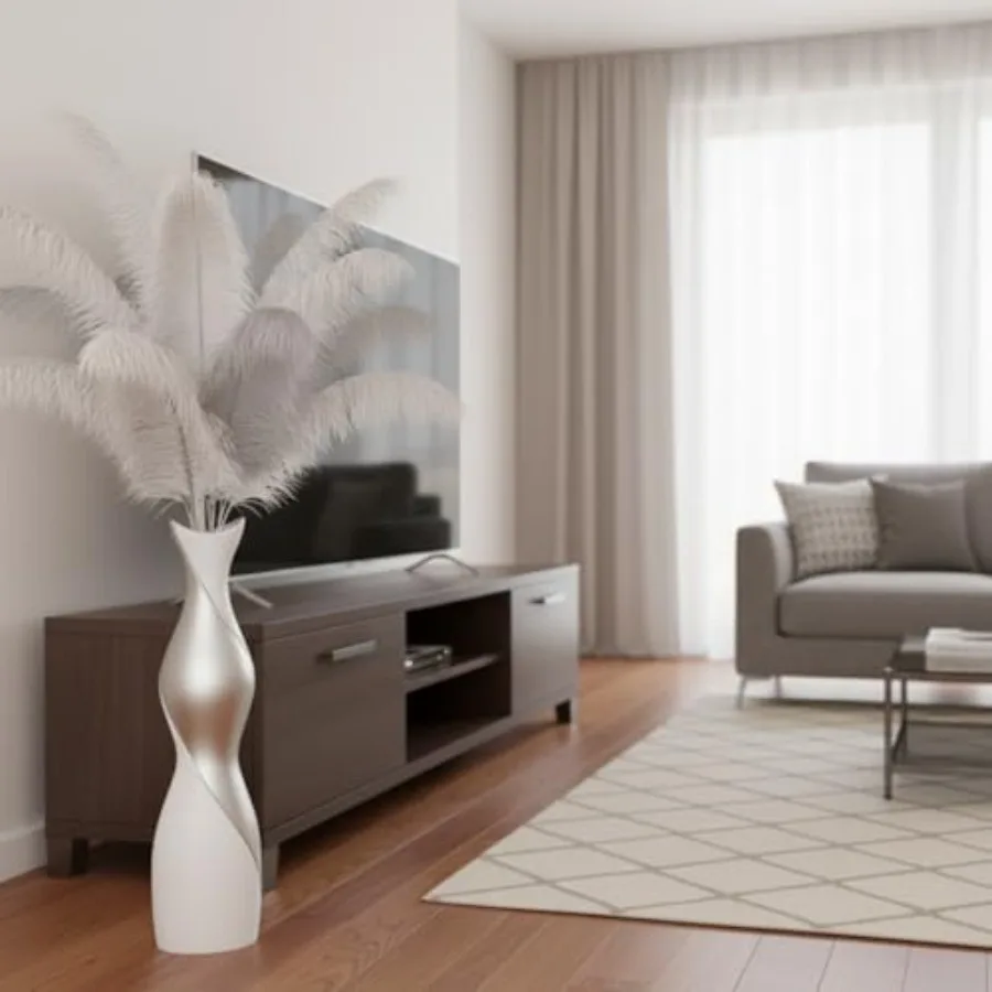 Modern Floor Vase for Living Room Bedroom Entryway Matte White Silver Resin 24 Tall Dual-Tone Decorative Vase for Pampas Grass view 6