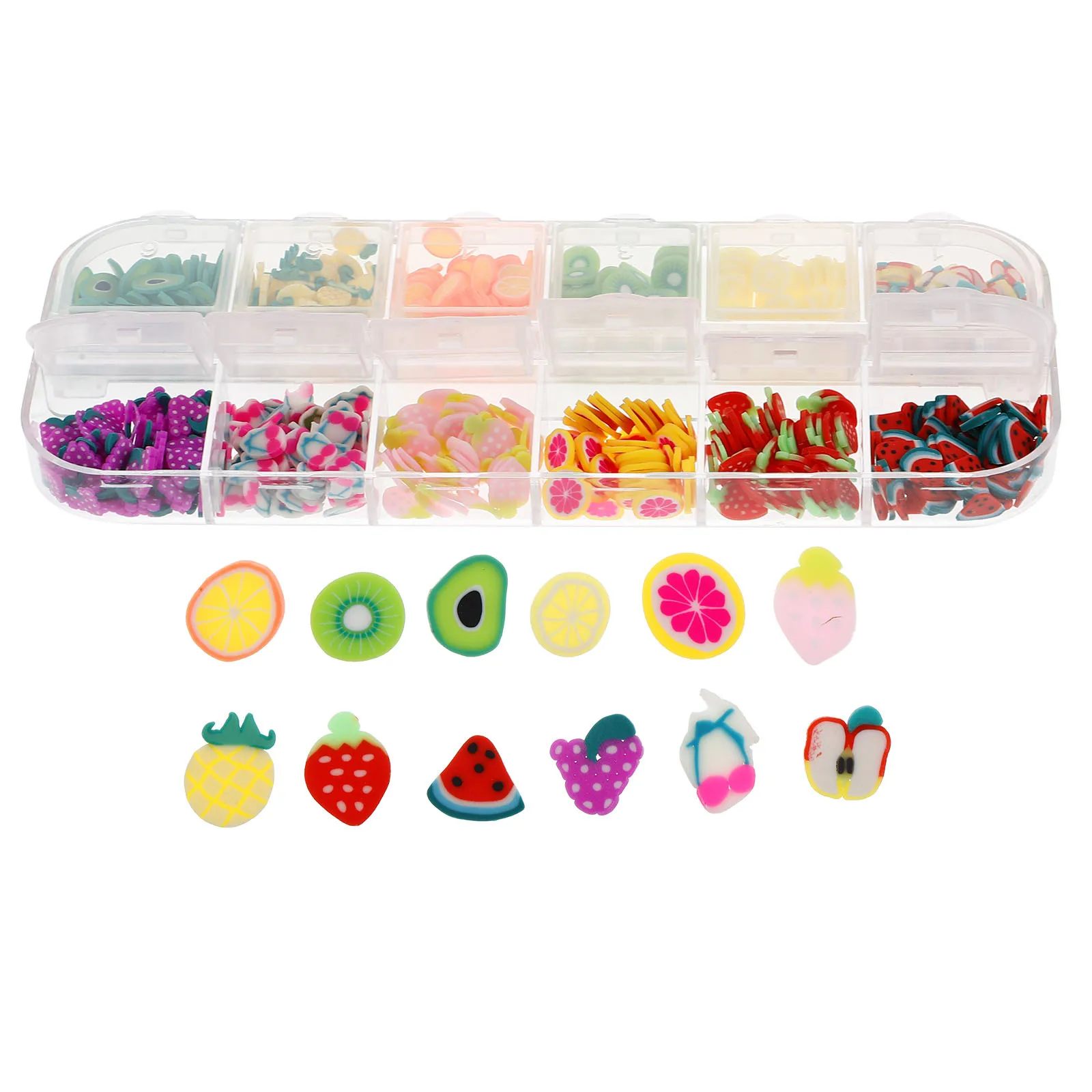 12グリッドポリマークレイフルーツスライス カラフルネイルアートチャーム DIY 3Dフルーツデコレーション イチゴ チェリー レモン オレンジネイル