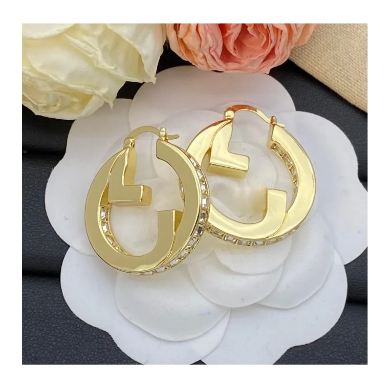

New Double Round Stud Earrings with Marked Letters and Women's Diamond-encrusted Simple Earrings
