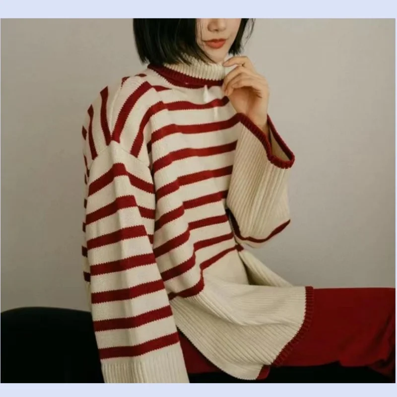 New autumn and winter products: simple, irregular, loose, slimming, and stylish high neck knitted striped slit sweater