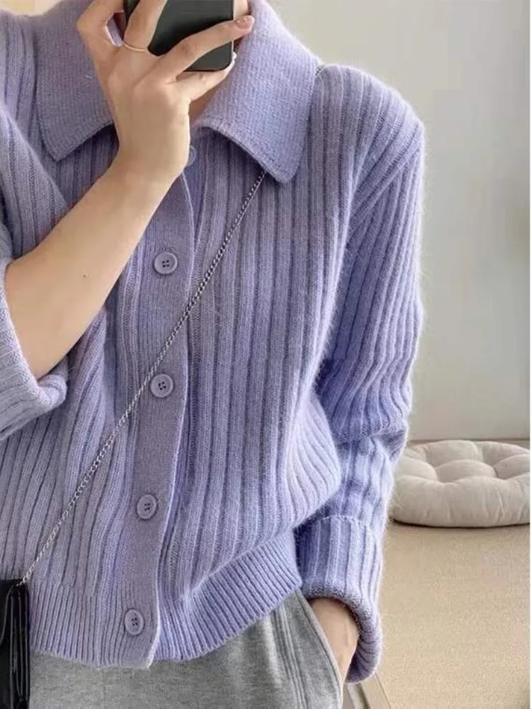 Pink Polo Collar Sweater Cardigan Outerwear Women Small Autumn and Winter High-Grade Soft Glutinous Loose Lapel Knitted Top