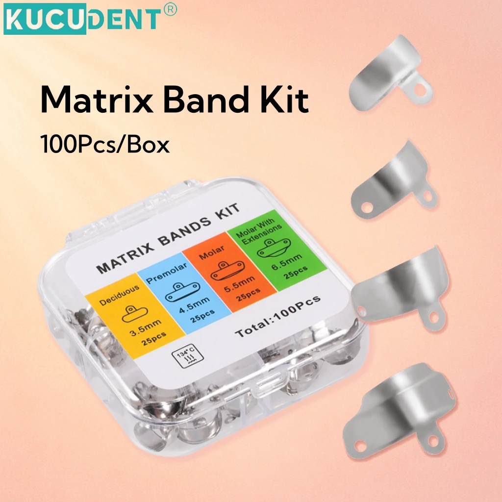 

100Pcs Dental Matrix Band Kit Metal Sectional Contoured Matrices Band For Teeth Replacement 3.5/4.5/5.5/6.5mm Dentist Materials