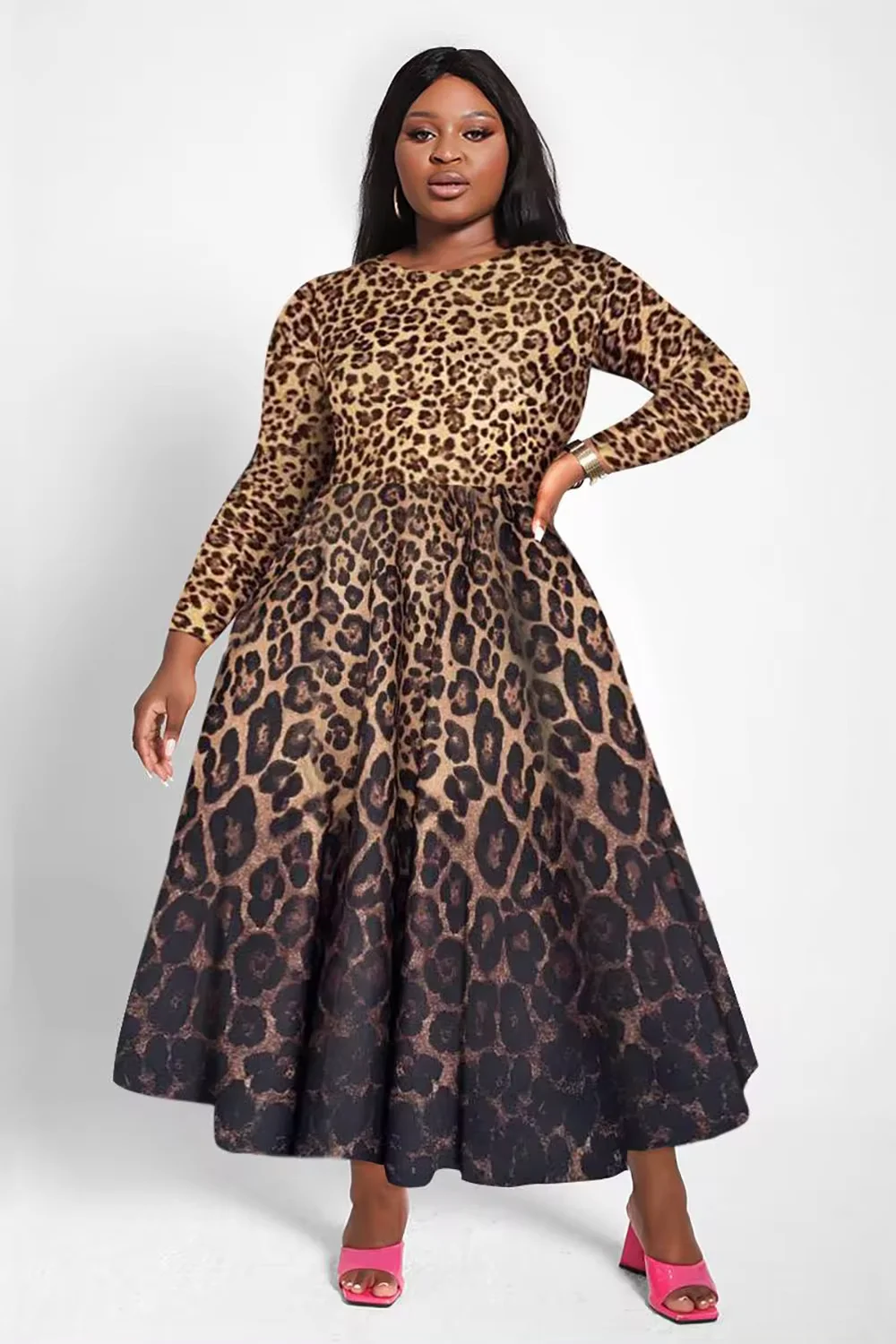 Plus Size Bohemian Dress Elegant Women Leopard Print Dress 2024 Long Sleeve Loose Round Neck Casual A-Line Party Sundress