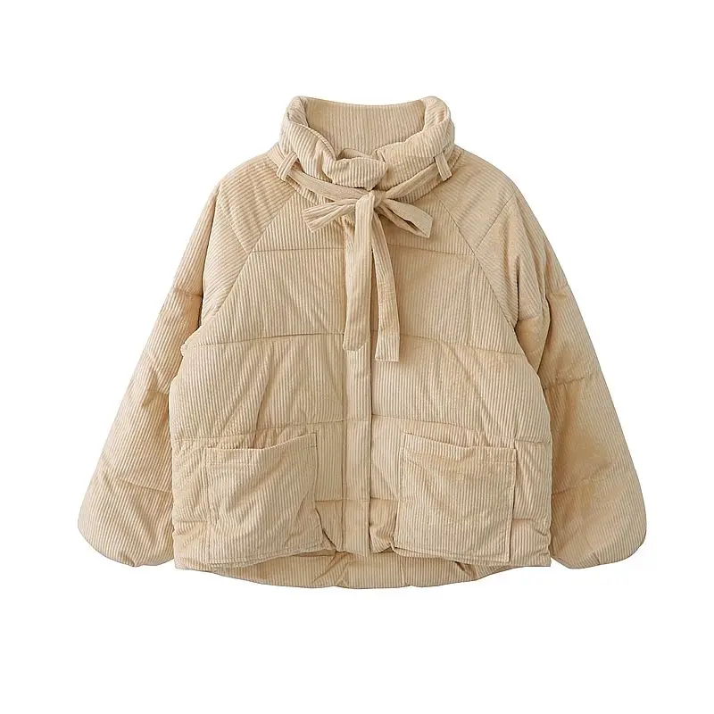 

2025 Winter New Sweet College Style Stand-up Collar Lace-up Bow Thickened Corduroy Cotton Jacket