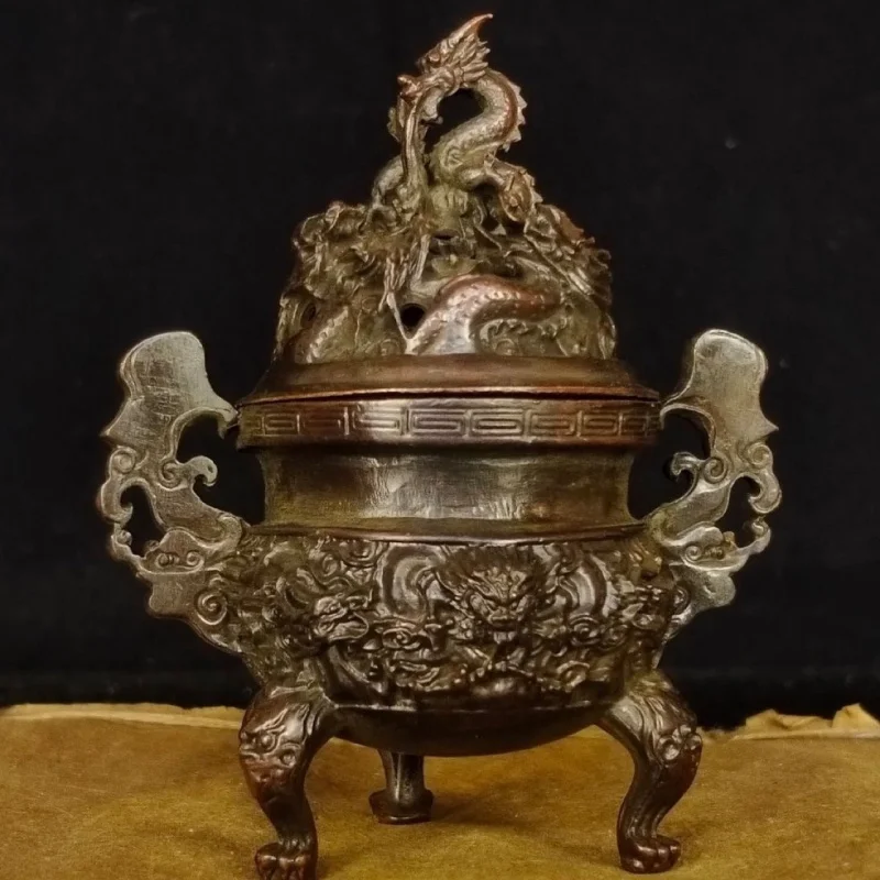 Antique Bronze Collection Retro Chinese Jiulong Tripod Kowloon Alchemy Furnace Incense Burner Tower Incense Burner Home Tea Cere