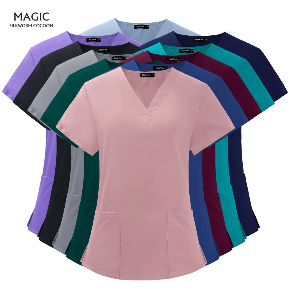 Abrigos médicos para mujer, camiseta de enfermería para clínica Dental, ropa de trabajo para médico, Tops elásticos de 10 colores, Tops de enfermera