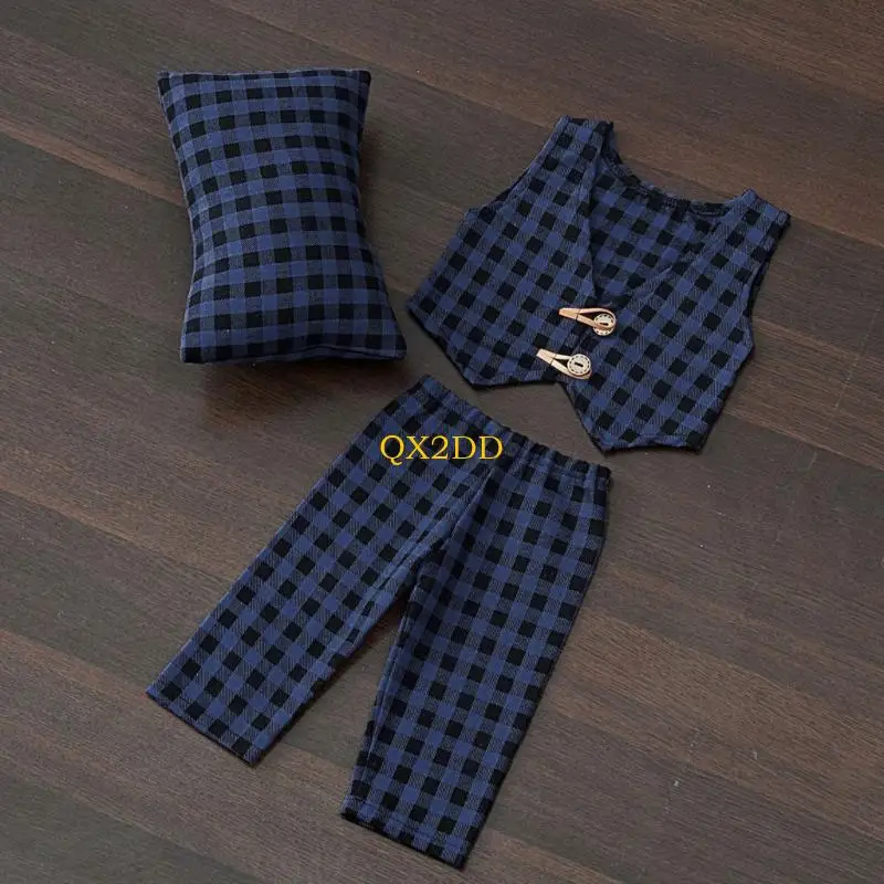 QX2D Checkered Pillow Pants & Vest Set Baby Photography Props Boy Photo Outfits Infant Gentleman Babies Shower Gift