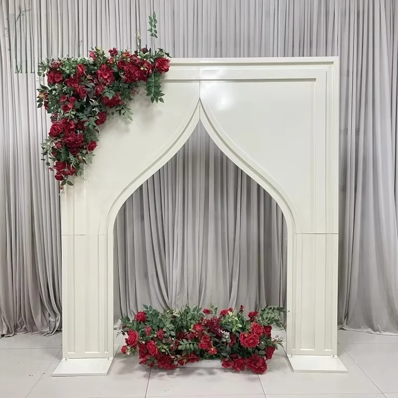 Elegant white Islamic Moroccan arched door with laser-cut metal background frame for wedding stage decoration