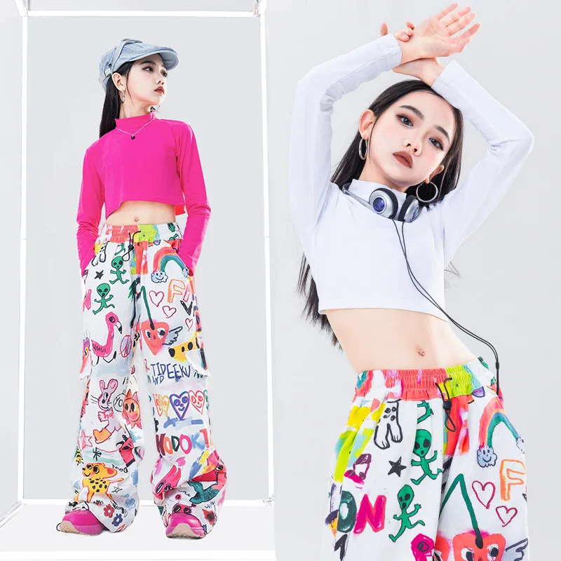 【4-15 Years Old】Girls Fashion Loose Graffiti Trouser Suits Children\'S Street Dance Hip Hop Fashion Clothes Girls Spring And S