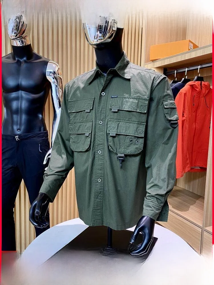 

Japanese Sle Men's Casual Long Sve Waed Cotton Workwear irt Jaet Outdoor Multi-ket Autumn Faion Outerwear