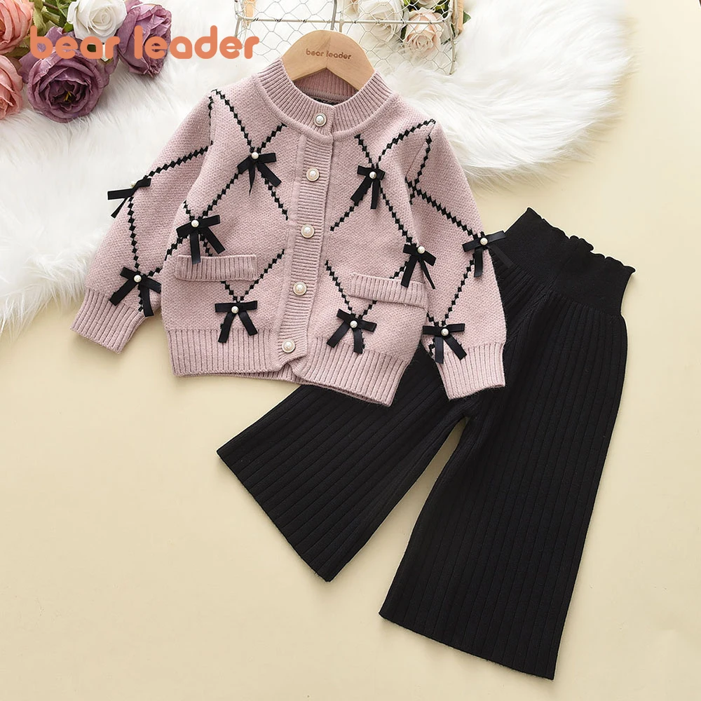 Bear Leader Bow Baby Sweatshirt + Pants 2pcs Set New Children Knitting Outfit for 2-6Years Kids Tracksuit Winter Girls Clothes