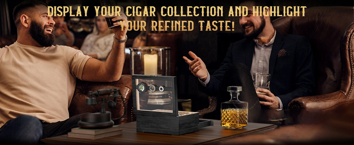 Cigar Humidor,Cedar Wood Cigars Case with Digital Hygrometer Humidifier,Measuring Scale & Drawer,Glass Top Desktop Humidor Gifts