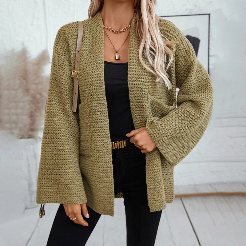 Women's Sweater Autumn And Winter New Style Retro Mid-length V-neck Solid Color Cardigan Sweater Sweater Women's Coat