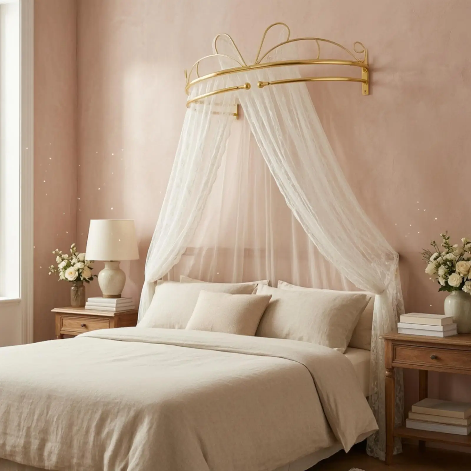 Elegant Gold Metal Canopy Frame for Bed with Bow Top Curtain Rods for Full Queen King