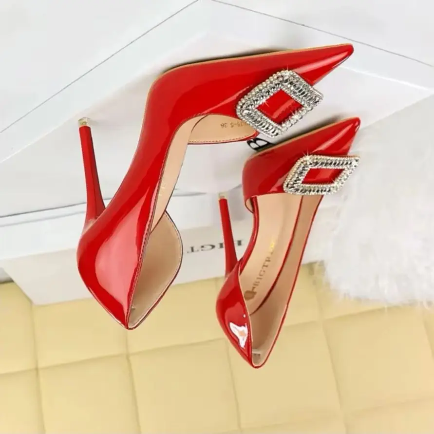 

BIGTREE Shoes Luxury Pumps Women 10.5cm Heels Rhinestone Buckle Lady Heels Stilettos Patent Leather High Heels Female Shoes