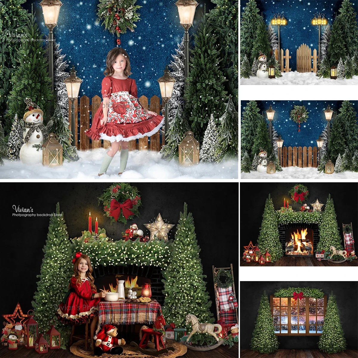 Christmas Night Backdrop Kids Photocall Props Glitter Trees Snowman Baby Child Photostudio Winter Forest Fireplace Background