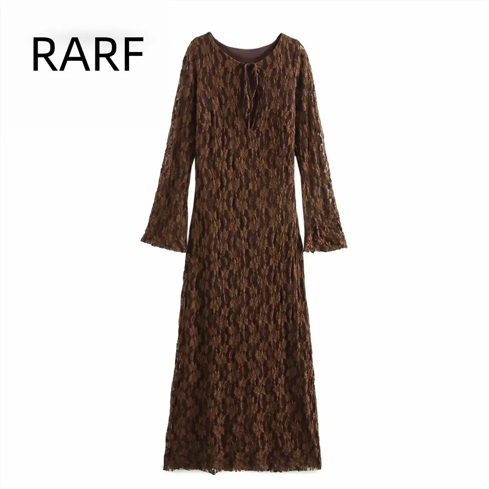 2024  Autumn/Winter New  Women's Wear  Bow Decoration  Lace Round Neck Long Sleeve Translucent Dress