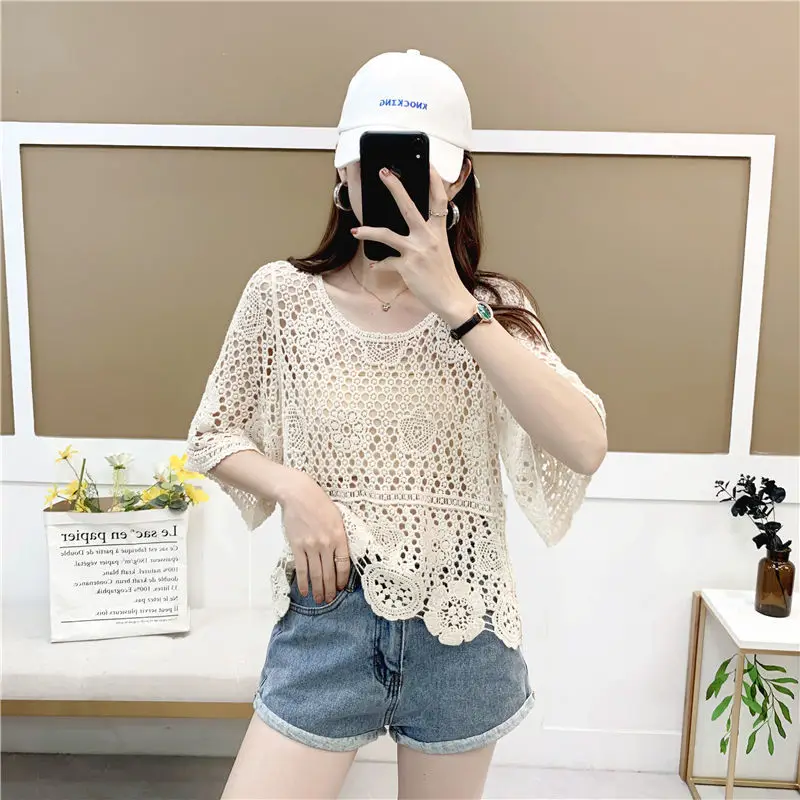 Summer Fashion New Round Neck Five-point Sleeve Pullover Handmade Sweater Korean Version Knitted Hollow Solid Color Top Female