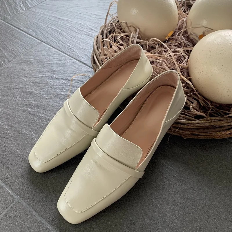 Size 44 Cowhide Square Toe Women Flats Slip On Loafers Women Shoe Without Heel 1 CM Spring Autumn Mules Korea Style Simple Shoes