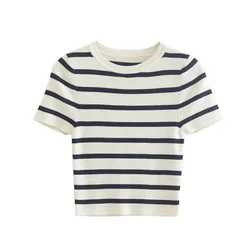 O Neck Short Sleeve Female Pullovers Chic Tops Women Fashion Striped Basic Cropped Knit Sweater Vintage