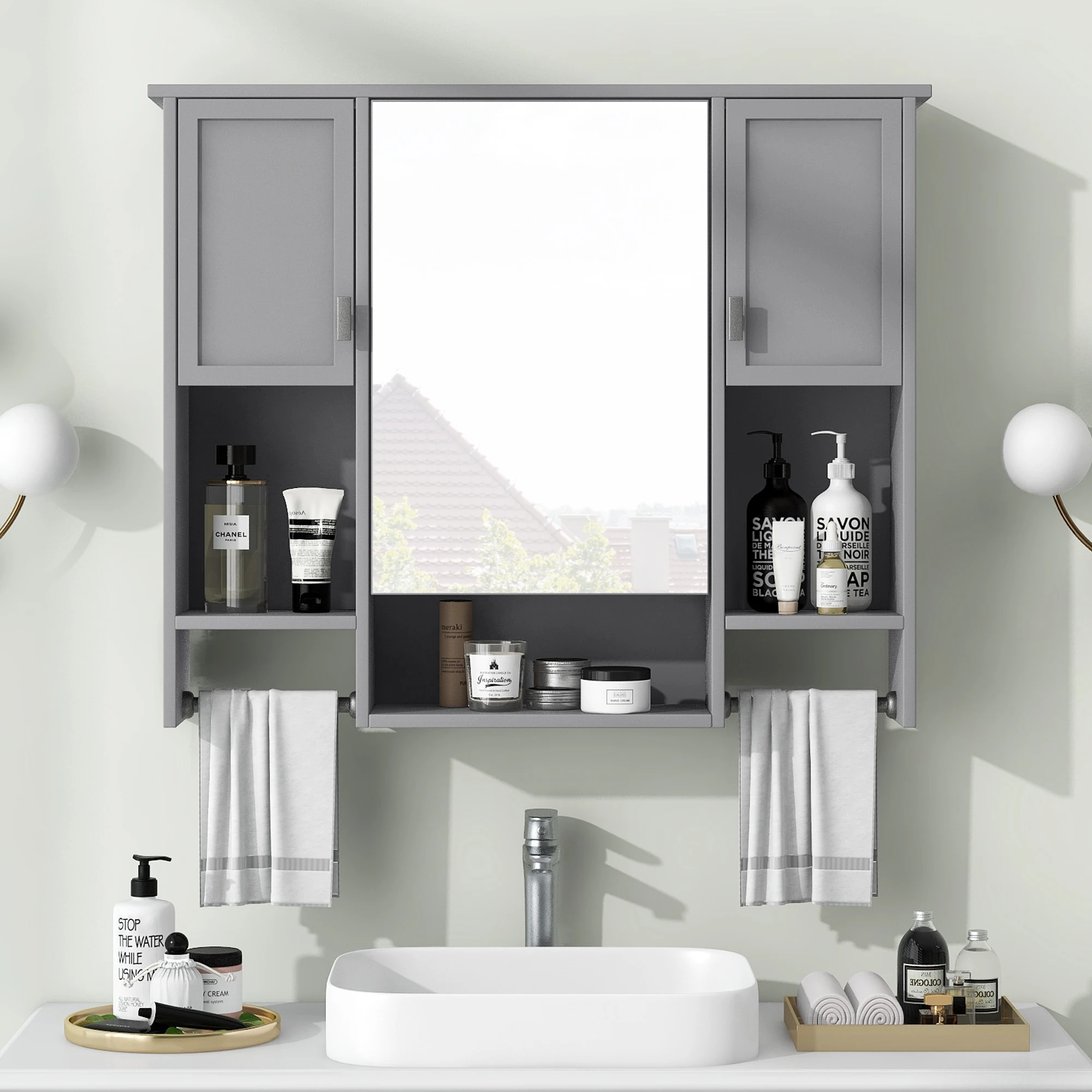 

35 x 28 Modern Wall Mounted Bathroom Storage Cabinet Bathroom Wall Cabinet with Mirror Medicine Cabinet with Towels Bar lockers