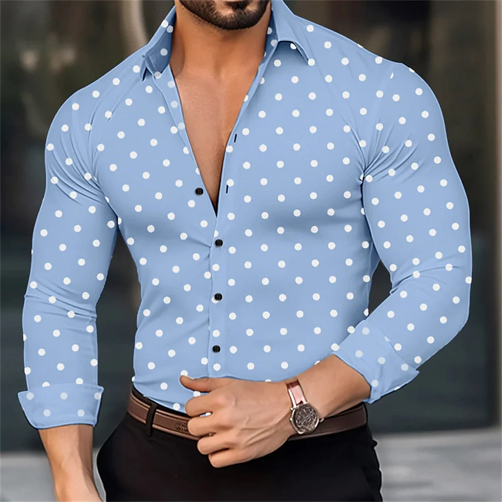 Men\'s Hawaiian shirt button up long sleeved polka dot lapel outdoor street clothing fashion casual breathable and comfortable