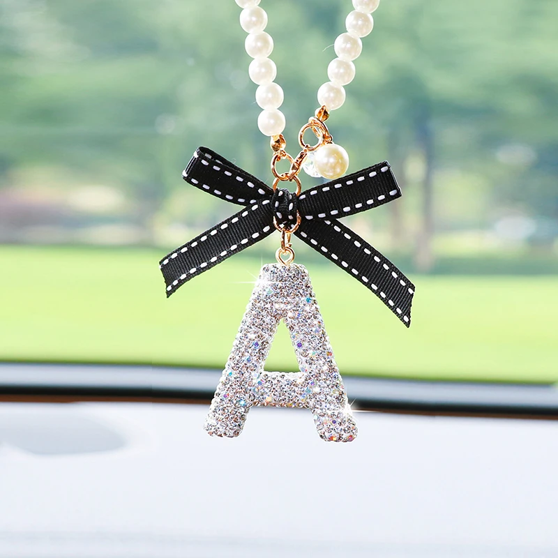 Fashionable Bow, White Letters, Car Decoration, Creative Diamond Inlay, English Car Rearview Mirror, Car Pendant, Exquisite Car
