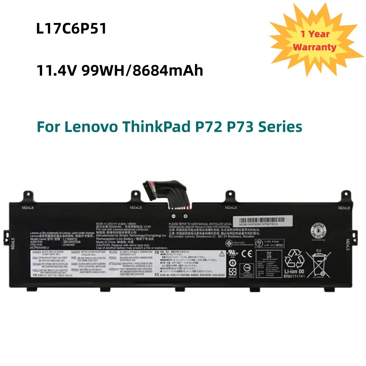 

L17C6P51 Laptop Battery For Lenovo ThinkPad P72 P73 Series L17M6P52 01AV497 01AV498 SB10K97636 SB10K97637 931QA100H 11.4V 99WH