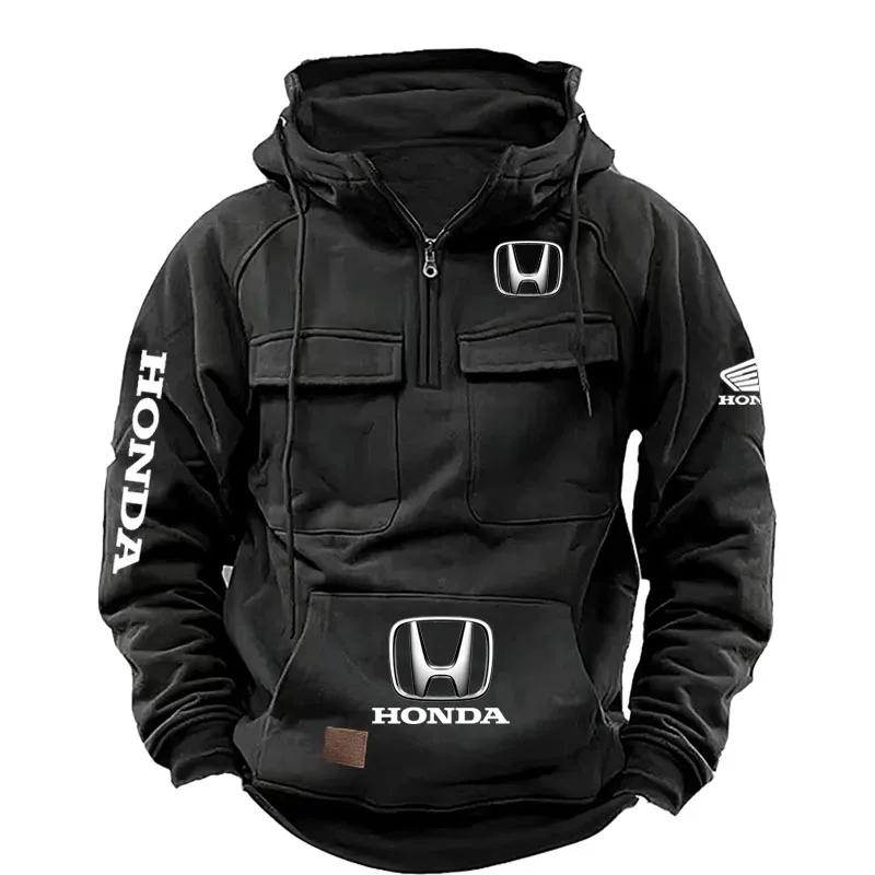 Honda Autumn and Winter Retro Motorcycle Hoodie Men's Zipper Multi Pocket Hoodie Street Loose Sports and Leisure Hoodie Men's Cl