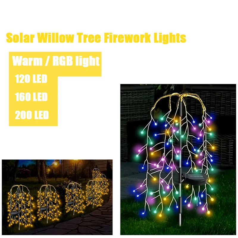 

120/160/200 LED Solar Powered Garden Lights Willow Tree Firework Lights Outdoor Waterproof Vibrant Swaying Lights for Patio